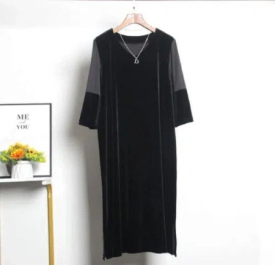 Pre-owned Handmade Custom Made To Order Bespoke Velvet 3/4 Sleeve Side Slit Loose Midi Dress L1007 In Black