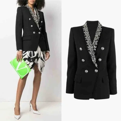 Pre-owned Handmade Custom Made To Order Business Rhinestone Trim Short Blazer Coat Plus 1x-10x L637 In Black