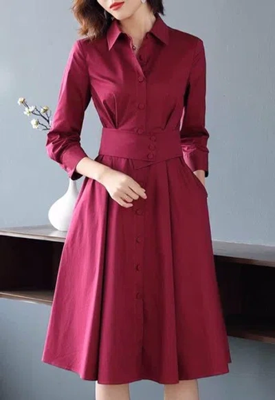 Pre-owned Handmade Custom Made To Order Button-front Pleated Midi A-line Shirt Dress Plus1x-10xy726 In Burgundy