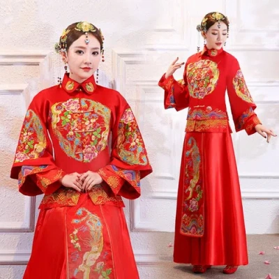 Pre-owned Handmade Custom Made To Order Chinese Traditional Bride Dress Clothing Plus 1x-10x L463 In Red