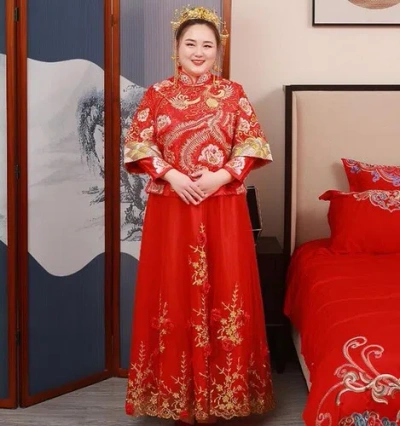 Pre-owned Handmade Custom Made To Order Chinese Traditional Bride Wedding Costume Plus 1x-10x L469 In Red