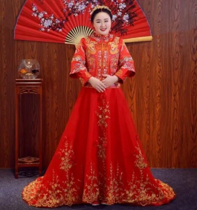 Pre-owned Handmade Custom Made To Order Chinese Traditional Wedding Long Cheongsam Plus 1x-10x L468 In Red