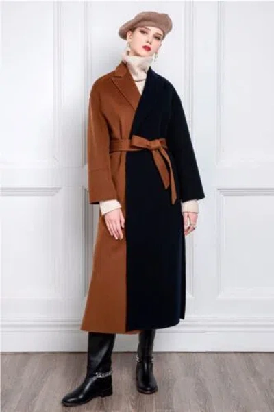 Pre-owned Handmade Custom Made To Order Color Block Belted Wool Blend Trench Coat Plus 1x-10x Y347 In Black/brown