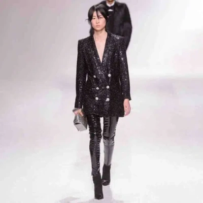 Pre-owned Handmade Custom Made To Order Double-breasted Sequin Fashion Blazer Coat Plus 1x-10x L643 In Black