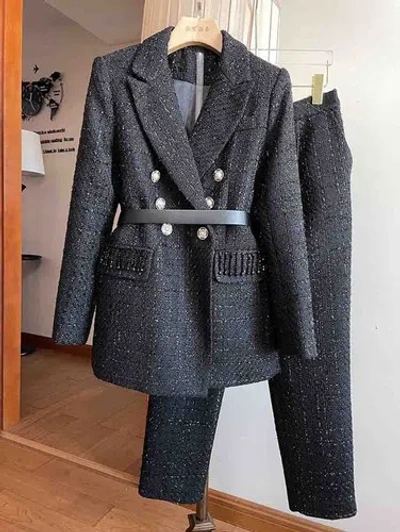 Pre-owned Handmade Custom Made To Order Double-breasted Tweed Blazer 2 Piece Suit Plus 1x-10x L825 In Black
