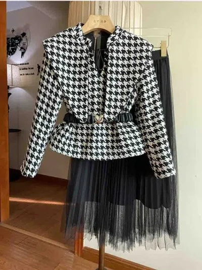 Pre-owned Handmade Custom Made To Order Houndstooth Jacket/gauze Skirt 2 Piece Suit Plus1x-10x L833 In Black/white