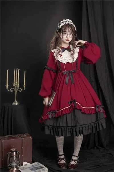 Pre-owned Handmade Custom Made To Order Lady Lolita Pleated Ruffle Retro Dress Plus 1x-10x L543 In Burgundy