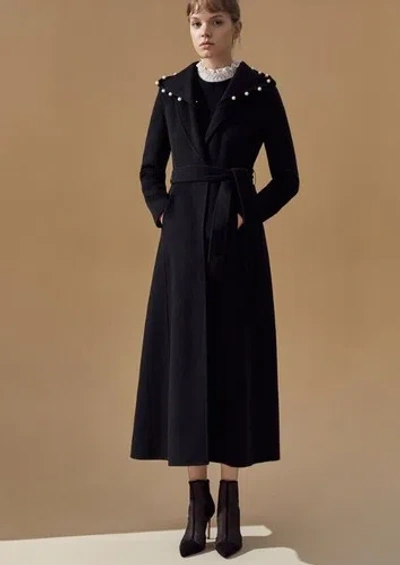 Pre-owned Handmade Custom Made To Order Lapel Beaded Belted Long Overcoat Wool Coat Plus1x-10x L450 In Black