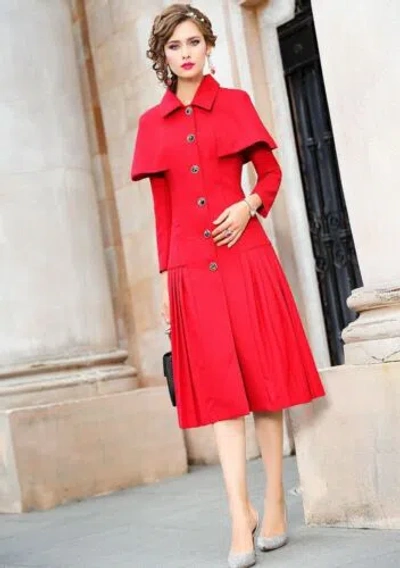 Pre-owned Handmade Custom Made To Order Lapel Cape Woolblend Pleated Slim Overcoat Plus 1x-10x L399 In Red