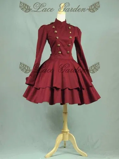 Pre-owned Handmade Custom Made To Order Lolita Casual Military Uniform Tiered Dress Plus 1x-10x L59 In Burgundy