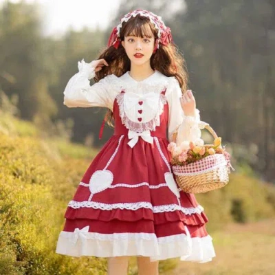 Pre-owned Handmade Custom Made To Order Lolita Dress Lace Cute Pleated Cosplay Jsk Plus 1x-10x L546 In Red