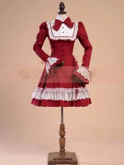 Pre-owned Handmade Custom Made To Order Lolita Flared Sleeve Slim Bow Party Dress Plus 1x-10x L163 In Red/white