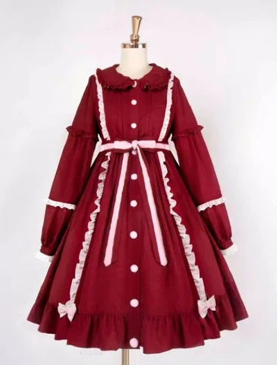 Pre-owned Handmade Custom Made To Order Lolita Princess Ruffle Big Swing Poplin Coat Plus1x-10xl174 In Dark Red