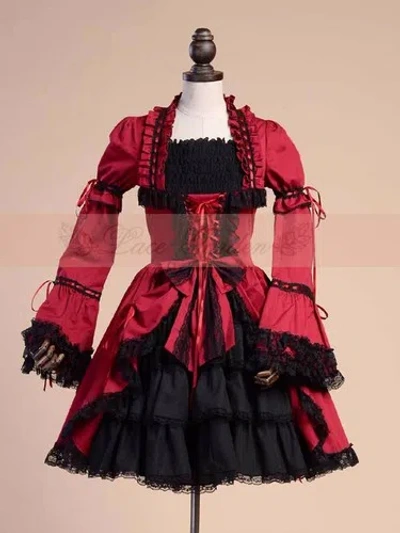 Pre-owned Handmade Custom Made To Order Long Sleeve A Line Lolita Ruffle Prom Dress Plus1x-10x L162 In Red/black