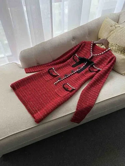 Pre-owned Handmade Custom Made To Order Long Sleeve V-neck Tweeds Bow Trim Dress Plus 1x-10x L658 In Red