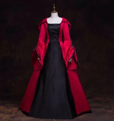 Pre-owned Handmade Custom Made To Order Medieval Vintage Hooded Maxi Dress Cosplay Plus 1x-10x L95 In Red/black