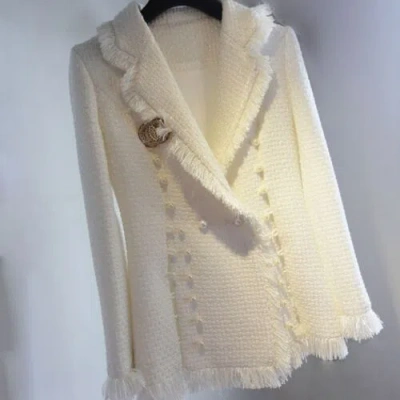Pre-owned Handmade Custom Made To Order Pearl Button Tweeds Tassel Trim Blazer Coat Plus1x-10xy1042 In White