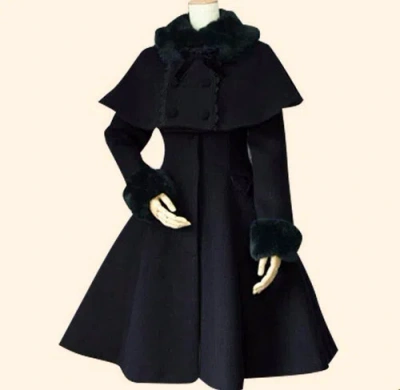 Pre-owned Handmade Custom Made To Order Removable Cape Woolblend Fitted Coat Lolita Plus1x-10x L168 In Black