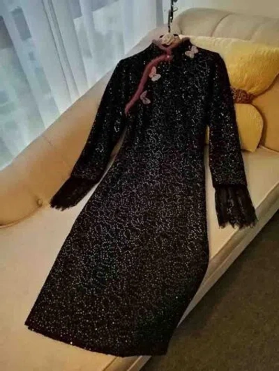 Pre-owned Handmade Custom Made To Order Sequin Fur Trim Slim Cheongsam Party Dress Plus 1x-10x L730 In Black