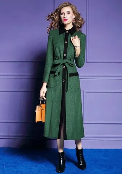 Pre-owned Handmade Custom Made To Order Single-breasted Woolblend Belted Overcoat Plus 1x-10x L396 In Green