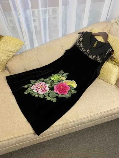 Pre-owned Handmade Custom Made To Order Sleeveless Embroidered Velvet A-line Dress Plus 1x-10x L726 In Black