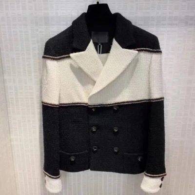 Pre-owned Handmade Custom Made To Order Tweeds Contrast Double-breasted Blazer Coat Plus1x-10xy1041 In Black/white