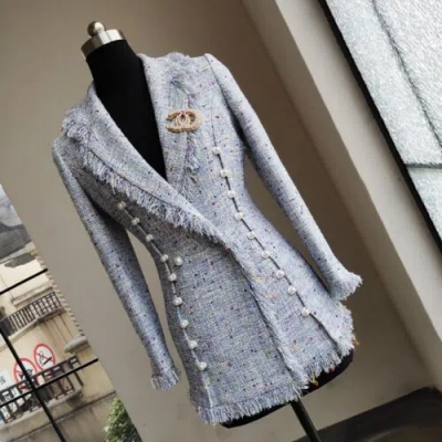 Pre-owned Handmade Custom Made To Order Tweeds Tassel Blazer Pearl Button Slim Coat Plus1x-10xy1056 In Blue