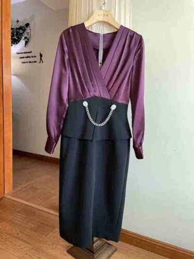 Pre-owned Handmade Custom Made To Order V-neck Contrast Ruffle Satin Hip Wrap Dress Plus1x-10x L815 In Purple/black