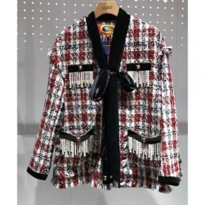 Pre-owned Handmade Custom Made To Order V-neck Tweed Plaid Loose Casual Jacket Coat Plus1x-10x L914 In Red/black