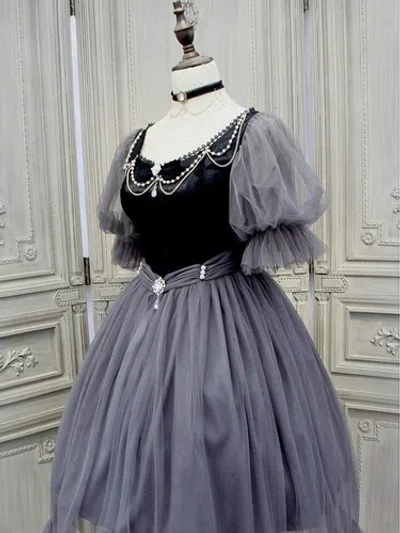 Pre-owned Handmade Custom Made To Order Vintage Bubble Sleeves Tulle Cocktail Dress Plus1x-10x L259 In Dark Grey