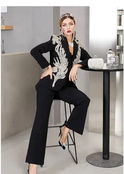 Pre-owned Handmade Custom Made To Order Women's Beaded Jacket Straight Pants Suit Plus 1x-10x L947 In Black