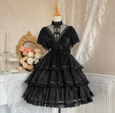 Pre-owned Handmade Custom Made To Order Women Gothic Lolita Victorian Ruffle Dress Plus 1x-10x L952 In Black