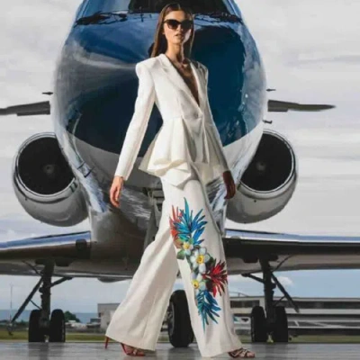 Pre-owned Handmade Custom Made To Order Women One-button Wide-leg Blazer Pant Suit Plus 1x-10x L646 In White/printed
