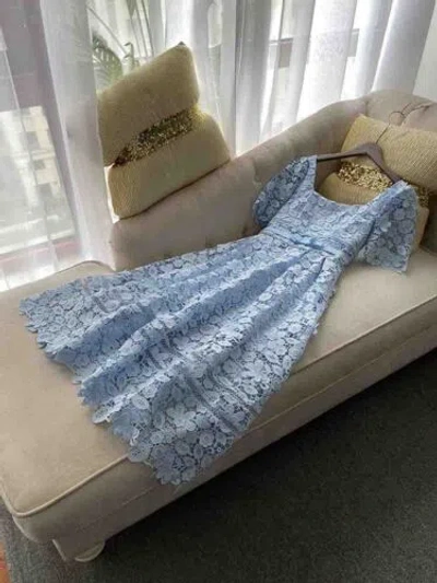 Pre-owned Handmade Custom Made To Order Women's Square Neck A-line Lace Party Dress Plus1x-10x L670 In Blue