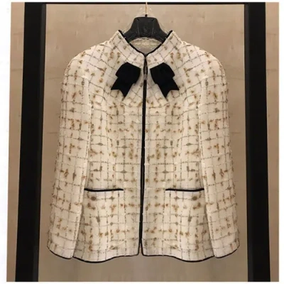Pre-owned Handmade Custom Made To Order Women's Stand Collar Bow-trim Tweed Coat Plus 1x-10x L924 In White