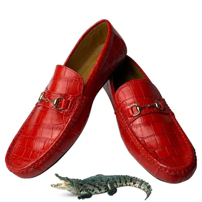 Pre-owned Handmade Custom Red Crocodile Leather Slip-on Loafer Real Belly Skin Men's Horsebit Shoes