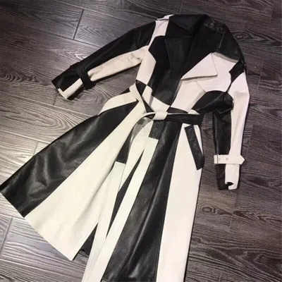 Pre-owned Handmade Customized Black And White Coat Genuine Lambskin Leather Mens Long Trench Coat