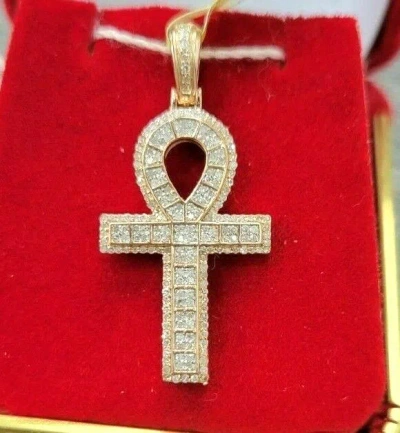 Pre-owned Handmade Deal 0.50ct Genuine Round Diamonds Ankh Cross Charm In 10k Gold 33mm In White