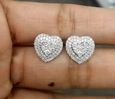 Pre-owned Handmade Deal 1.00ct Genuine Diamond Cluster Heart Studs Earrings 14k White Gold 10mm