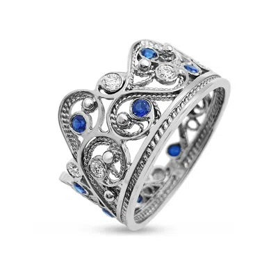 Pre-owned Handmade Deluxe 14k White Gold Blue Sapphire Lavender Stone Filigree Crown Ring