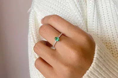 Pre-owned Handmade Emerald Ring, Oval Green Emerald And Diamond Ring, 14k Gold Emerald Engagement In White