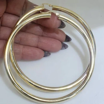 Pre-owned Handmade Extra Large Big Huge Thick Real 14k Yellow Gold Plain Hoop Earrings 3.50 Inches