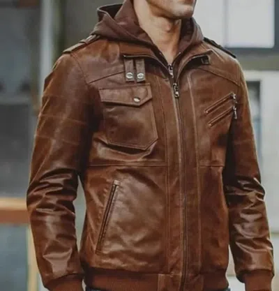 Pre-owned Handmade Fully Customized Men's Genuine Leather Jacket With Detachable Hood In Brown