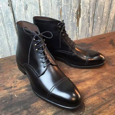Pre-owned Handmade Genuine Black Leather Lace Up Vintage Ankle Men's Toe Cap Derby Boots