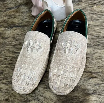 Pre-owned Handmade Genuine Crocodile Leather Slip On Us Size 10 Unique Alligator Penny Loafers Gift In White