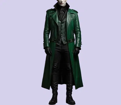 Pre-owned Handmade Genuine Leather Men Gothic Coat Green Leather Trench Coat