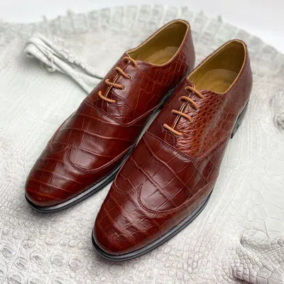 Pre-owned Handmade Gift For Men Us 15 Brown Alligator Leather Oxford Shoes Real Crocodile Brogues