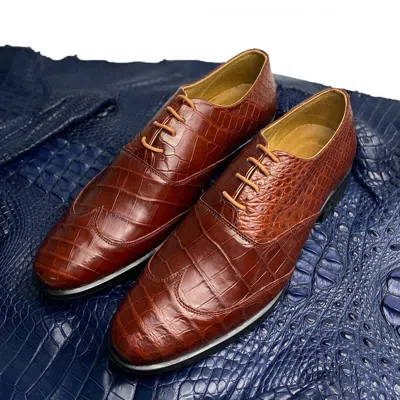 Pre-owned Handmade Gift For Son Us 9 Brown Alligator Leather Oxford Shoes Real Crocodile Brogues