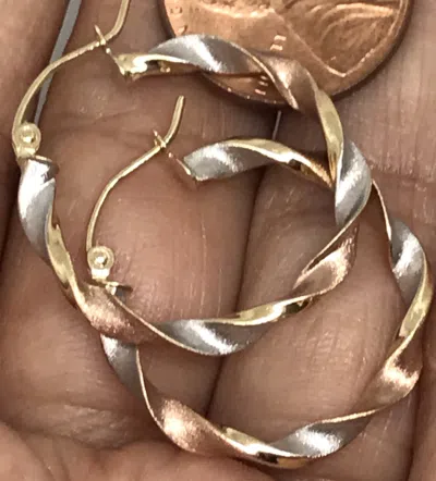 Pre-owned Handmade Gold 14k Hoop Earring Round Tri Yellow White Rose Twisted Curled 2.8mm 25mm
