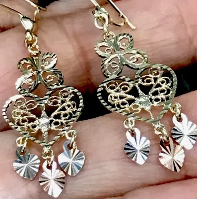 Pre-owned Handmade Gold Chandelier 14k Earring Filigree Heart Butterfly Gypsy Drop Dangle Long In Multicolor